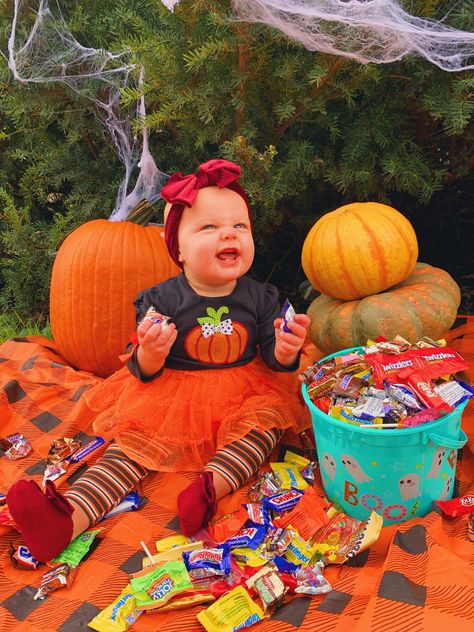 halloween baby photoshoot DIY with candy and pumpkins and fake spiderwebs Diy Halloween Baby Photoshoot, Baby Halloween Photoshoot, Photoshoot Diy, Baby Holiday Photos, Candy Photoshoot, Diy Photoshoot, Toddler Photoshoot, October Baby, Monthly Baby