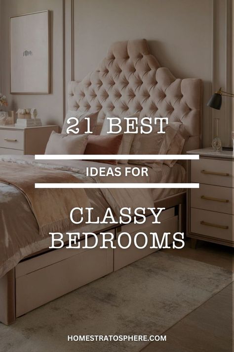 A chic bedroom with a plush tufted headboard, soft velvet bedding, and neutral tones in a classy design. Elegant Women Bedrooms, Fabric Sleigh Bed Bedroom Ideas, Luxury Bedroom Ideas Classy, Bedroom Set Ideas For Women, Elegant Bedroom Ideas For Women, Farmhouse Glam Bedroom Ideas, Minimalist Elegant Bedroom, Elegant Bedroom Designs Classy, Decorating A Bedroom Ideas