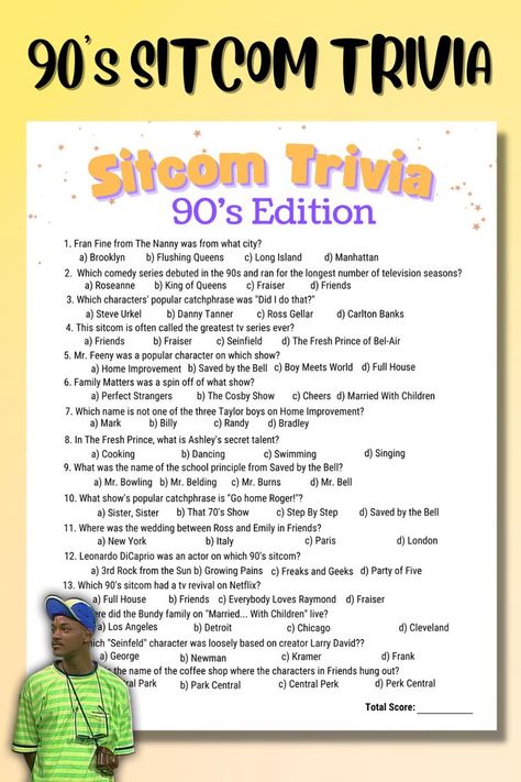 Sitcom Quotes, Trivia Questions For Adults, Funny Trivia Questions, Sitcoms Quotes, Games For Groups, 90s Games, Tv Trivia, Fun Trivia Questions, 90s Theme Party