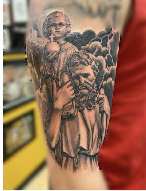 Saint Joseph Tattoo, St Joseph Tattoo, St Christopher Tattoo, Christian Tattoo Ideas, Dark Surrealism, Good Tattoos, Cupid Tattoo, Virgin Mary Tattoo, Mary Tattoo