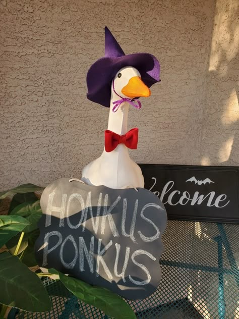 Hocus pocus witch hat for yard or porch goose purple diy Porch Geese, Porch Goose Clothes, Goose Costume, Garden Goose, Duck Clothes, Concrete Goose, Silly Goose University, Goose Outfits, Purple Diy