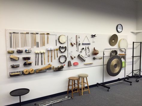 Pegboard as storage solution for auxiliary percussion equipment. Band Room Ideas, Music Room Storage, Band Classroom, Music Room Organization, Band Rooms, Guitar Storage, Drum Room, Band Room, Home Studio Ideas