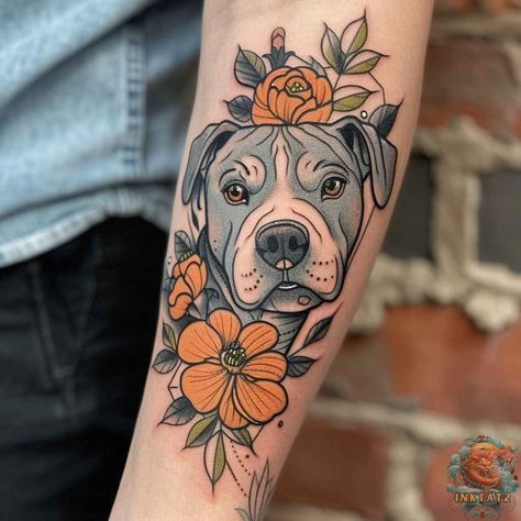 It's no secret that most of us could scream our love for our pets out loud on the streets. So what better love statement other than carrying their portraits on our skin? Framed Dog Tattoo, Pet Dog Tattoo Ideas, Pet Portraits Tattoo, Dog With Flowers Tattoo, Neo Traditional Dog Tattoo, Dog Portrait Tattoo Flowers, Pitbull Tattoo For Women, Dog Heart Tattoo, Traditional Dog Portrait Tattoo