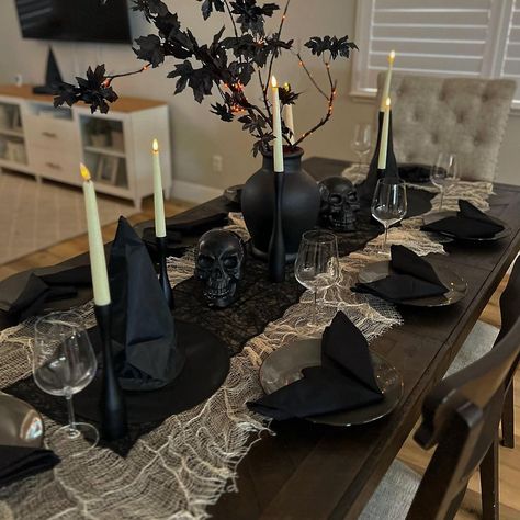 🖤💀 Spooky season table scape numero Uno 🖤💀 . . . . . #halloween #spookyseason #halloweentablescape #halloweendecor Halloween Decorations Dining Table, Skeleton Table Decor, Halloween Dining Table Decorations, Halloween Dinner Setup, Dining Room Table Halloween Decor, Modern Halloween Party, Kitchen Table Halloween Decor, Halloween Table Scape Ideas, Spooky Halloween Tablescape