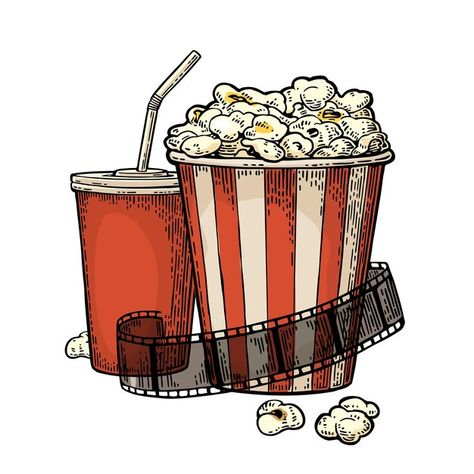 Popcorn Line Drawing, Popcorn Sketch, Popcorn Pictures, Popcorn Painting, Movie Illustration Art, Popcorn Background, Popcorn Paint, Popcorn Vector, Popcorn Poster