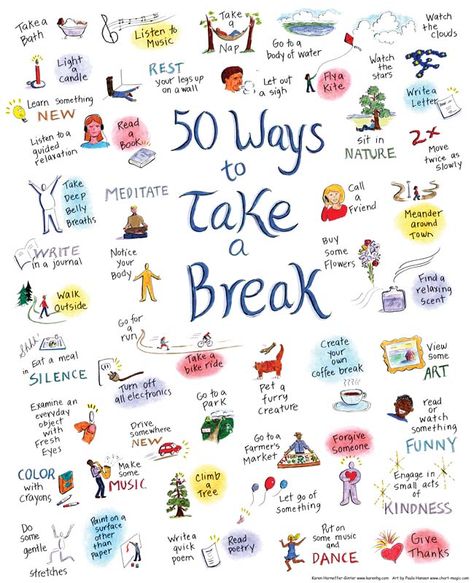 50 Ways to Take a Break - Chart Magic When Youre Feeling Down, Health Fair, Ra Ideas, Miracle Morning, Study Inspo, Group Therapy, Sensory Processing, Bee Crafts, Relaxation Techniques