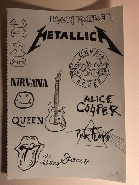 Easy Nirvana Drawings, Queen Music Aesthetic, Sketchbook Art Inspiration Music, Rock Doodles Drawing, Band Drawings Rock, Rock Music Drawings Ideas, Rock Music Aesthetic Art, Punk Drawings Easy, Rock Aesthetic Drawing