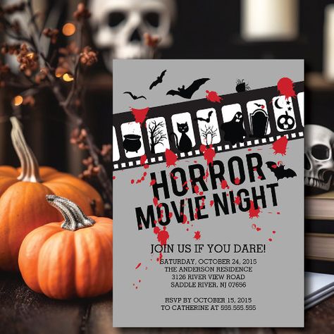 Horror Movie Night Filmstrip Halloween Party Halloween Invitations - halloween, birthday, movie, horror, blood, filmstrip, spooky, scary, black, party Cat Tombstone, Halloween Movie Night Party, Movie Night Poster, Ghost Flying, Horror Birthday, Lantern Ghost, Birthday Movie, Horror Themed Party, Movie Night Invitations