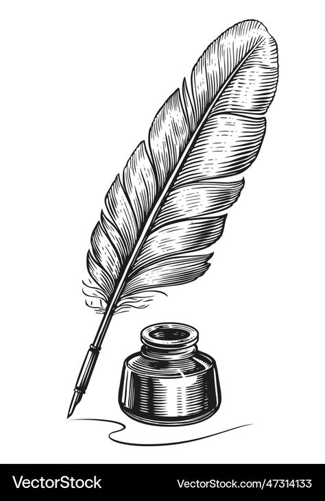 Feather Quill Drawing, Feathers Reference, Feather Pen Drawing, Quill Illustration, Quill Pen Tattoo, Feather Pen Tattoo, Quill Drawing, Feather Sketch, Fountain Pen Drawing