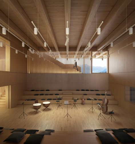 Durisch + Nolli · Aiglon College | the Assembly and Arts Building · Divisare Music Room Design, Auditorium Design, Lecture Hall, Multipurpose Hall, Theater Design, Music Studio Room, Studios Architecture, Architecture Images, Architecture Design Concept