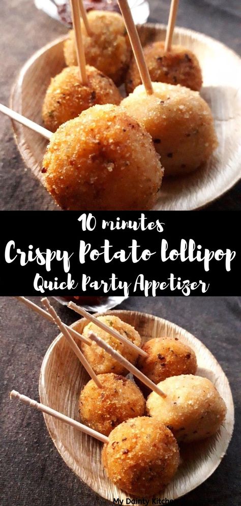 Crispy potato lollipop is an easy party appetizer. It takes only 10 minutes with minimal ingredients. This is quickest of the quick appetizers. This is kids friendly snack as well. #potatolollipop, #potatosnack, #potatoappetizer, #quickappetizer, #partyappetizer, #lollipop, #veglollipop, #easysnack, #quicksnack, #crispysnack, #Indianappetizers Finger Foods Potato, Easy Vegan Appetizers For A Party Finger Foods, Snacks Made From Potatoes, Finger Food Potatoes, Vegan Party Snacks Finger Foods, Quick Bites Snacks, Finger Food Gluten Free, Quick Bites Appetizers, Quick Easy Snacks For Party