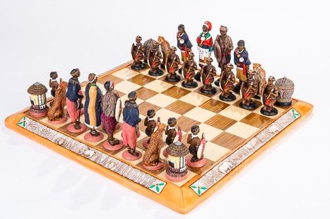 Tiffany Evans, Africa Culture, Chess Squares, Themed Chess Sets, Zulu Warrior, Chess Set Unique, Strategy Board Games, Chess Sets, South African Artists