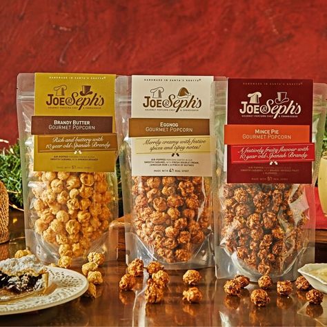 Gourmet Popcorn Packaging, Snack Branding, Flavoured Popcorn, Brandy Butter, Popcorn Brands, Popcorn Recipes Easy, Holiday Popcorn, Popcorn Packaging, Christmas Popcorn