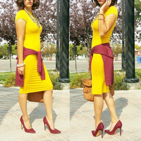 Mustard yellow bodycon dress and wine suede heels @dressingupclassy Yellow Bodycon Dress, Mustard Yellow Dress, Mustard Yellow Dresses, Body Con Dress Outfit, Best Shoes, Body Con Dress, Dress Outfit, Dress And Heels, Suede Heels