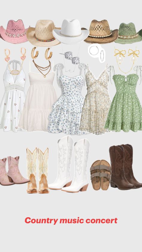 This is a collage of sun dresses, cowboy hats, cowboy boots, and jewelry for outfit inspo. More specifically, these outfits are inspiration for country music concerts. Zach Bryan Outfits, Luke Bryan Concert Outfit, Music Concert Outfit, Country Music Concert Outfit, Zach Bryan Concert, The Fall Movie, Luke Bryan Concert, Cute Concert Outfits, Concert Outfit Inspo