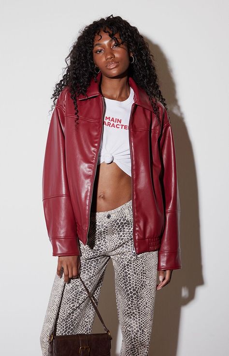 PacSun Faux Leather Bomber Jacket | PacSun 2024 Jacket Trends, Maroon Leather Jacket Outfit, Eyeliner Makeup Looks, Red Leather Jacket Outfit, Neon Eyeliner, Maroon Leather Jacket, Fall Fit, Leather Jacket Outfits, Fall 2024