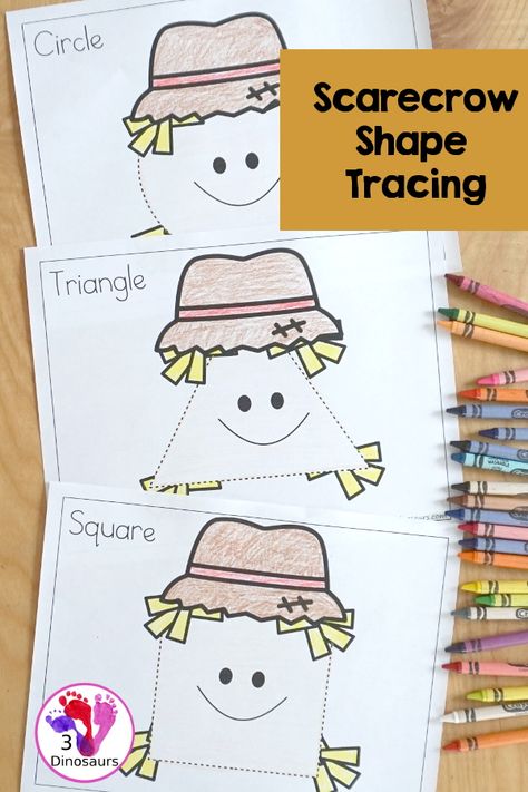 Free Scarecrow Shape Tracing Printable with 9 shapes to trace with a fun scarecrow face theme - 3Dinosaurs.com #shapetracing #shapesforkids #3dinosaurs #prek #kindergarten #freeprintable Pre K Scarecrow Activities, Scarecrow Ideas For Preschoolers, Preschool Scarecrow Craft Free Printable, Pumpkins And Scarecrows Preschool, Scare Crow Activities For Kids, Scarecrow Theme Preschool Activities, Scarecrow Math Activities For Preschool, Scarecrow Writing Kindergarten, Scarecrow Dramatic Play Preschool