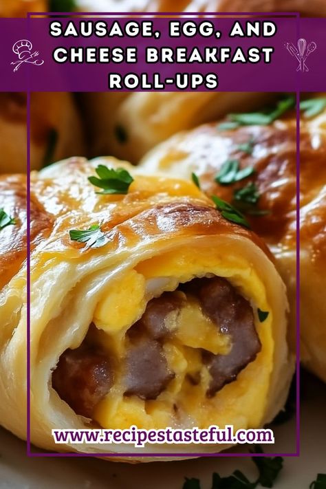 These Sausage, Egg, and Cheese Breakfast Roll-Ups are a perfect, hearty breakfast on the go or for a weekend brunch. With fluffy scrambled eggs, savory sausage, and melted cheese wrapped in flaky crescent rolls, they are both delicious and easy to make! Crescent Roll Breakfast, Crescent Breakfast, Crescent Roll Breakfast Recipes, Eggs Cheese Breakfast, Fluffy Scrambled Eggs, Cheese Crescent Rolls, Breakfast Crescent Rolls, Cheese Breakfast, Breakfast Rolls