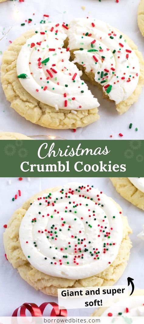 This Christmas Crumbl Sugar Cookies recipe beats all others! Ultra-thick and soft with a perfect crinkly edge, these mouthwatering cookies are a vanilla version of the classic Chilled Sugar Cookies. Topped with a creamy vanilla buttercream and festive Christmas sprinkles, they’re the very best copycat Crumbl cookies for your holiday season. Best Christmas Cookie Frosting, Christmas Cookies Frosting Recipes, Christmas Gourmet Cookies, Crumbl Cookie Copycat Cake Batter Blondie, Copycat Crumbl Sugar Cookies, Sugar Cookie Crumbl Copycat, Sugar Cookie Recipe Crumbl, Star Shaped Christmas Cookies, Chocolate Chip Cookies Crumble