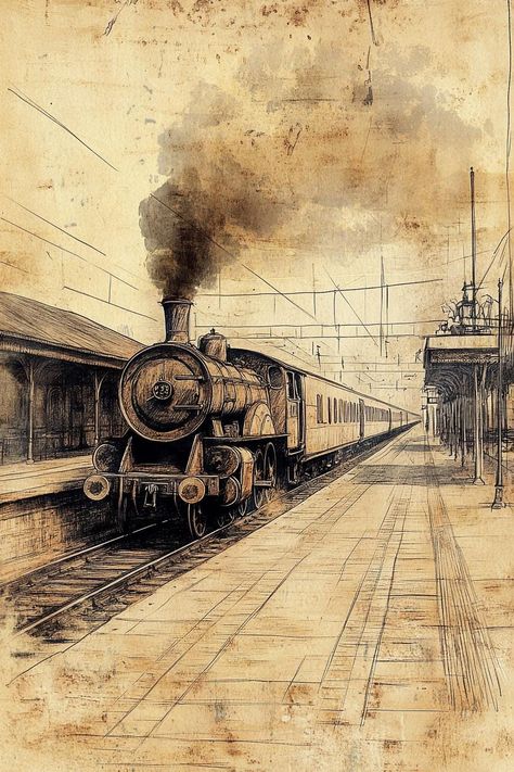 Uncover the charm of yesteryears with our "Vintage Train Station Sketch Decoupage Paper." This design features a meticulously detailed old sketch of a train station, capturing the bustling energy and architectural elegance of a bygone era. Perfect for adding a touch of nostalgia and historical depth to your crafting projects, this paper brings the romance of old train journeys to life. Ideal for history buffs, railway enthusiasts, and lovers of classic art, this decoupage paper is available in various sizes to suit a wide range of projects. Whether you're enhancing home décor, creating bespoke stationery, or crafting unique gifts, this design provides a captivating backdrop that appeals to anyone with an appreciation for vintage and architectural aesthetics. The sketch, with its detailed l Old Drawings Aesthetic, Train Station Sketch, Vintage History Posters, Railways Aesthetic, Railway Station Sketch, Vintage Railway Station, Old Architecture Sketch, Steam Train Aesthetic, Old Train Aesthetic