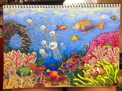 Water Fish Drawing, Coral Reef Painting, Under The Sea Drawings, Coral Reef Drawing, Reef Painting, Underwater Drawing, Sea Murals, Coral Painting, Ocean Drawing