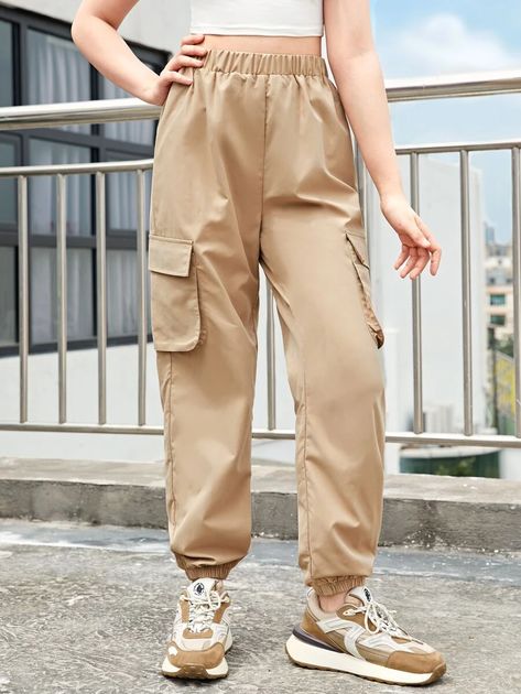 SHEIN Teen Girls High Waist Cargo Pants | SHEIN USA Womens Tan Pants, Cargo Pants Professional, Cargo For Women, High Rise Cargo Pants, How To Style Cargo Pants Women Casual, Women’s Cargo Pants, Cargo Pants Style Women, Cargo Pants Crop Top Outfit, Nude Cargo Pants Outfit