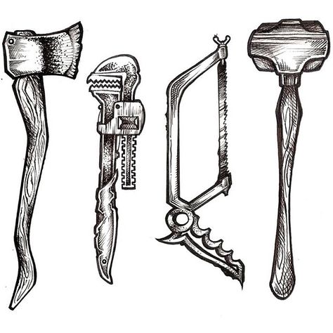 Horror Weapons. Saw, axe, sledge hammer, heavy wrench sketch print. Tattoo designs. Art. Pirate Brand Tattoo, Soul Tattoo Ideas, Print Tattoo Designs, Saw Drawing, Anatomy Eyes, Upper Arm Sleeve, Friday The 13th 1980, Hammer Tattoo, Patch Sleeve