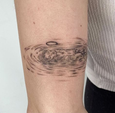 Women floating in water tattoo by Adria Mercuri Water Spirit Tattoo, Body Of Water Tattoo, Water Ripples Tattoo, Moon On Water Tattoo, Still Water Tattoo, Woman Floating In Water Tattoo, Woman In Water Tattoo, Floating In Water Tattoo, Ripples Tattoo