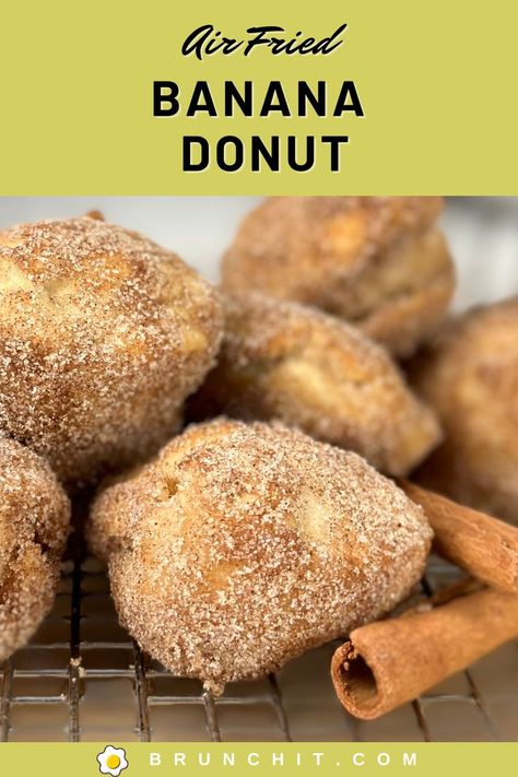 Cinnamon sugar covered banana donut holes that are great for breakfast or snacks! Banana Donut Holes Air Fryer, Banana Donuts Air Fryer, 2 Ingredient Banana Donut Holes, Banana Donut Holes, Air Fry Donuts, Bite Size Breakfast, Air Fryer Banana, Cinnamon Icing, Doughnut Holes