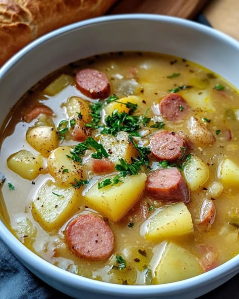 Kielbasa Potato Soup: Ingredients: - 1 pound turkey kielbasa, sliced - 5 medium potatoes, peeled and diced - 1 medium onion, chopped - 2 cloves garlic, minced - 4 cups chicken broth - 2 cups milk - 1 cup shredded cheddar cheese - 1 cup heavy cream - 2 tablespoons olive oil - 1 teaspoon smoked paprika - Salt and pepper to taste - Fresh parsley, chopped (for garnish) Instructions: 1. In a large pot, heat olive oil over medium heat. Add the sliced kielbasa and cook until browned,... Potato Pepper Soup, Kielbasa Potato Soup, Salmon Sauce Recipes, Turkey Kielbasa, Diy Healthy Snacks, Sauce For Salmon, Breaded Shrimp, Soup Ingredients, Shredded Cheddar Cheese