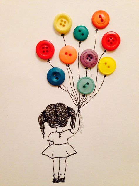 Girl Holding Balloons, Button Creations, Aktivitas Montessori, Pola Kristik, Pola Sulam, 자수 디자인, Button Cards, Button Art, Birthday Cards Diy