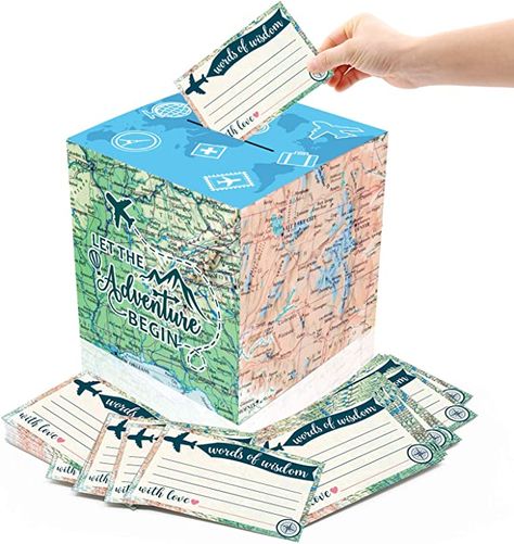 51PCS Adventure Card Box Holder and Advice Cards for Adventure Awaits Bon Voyage Farewell Travel Themed Birthday Graduation Retirement Job Career Change Party Decorations Supplies Travel Party Decorations, Gold Card Box Wedding, Wedding Gift Card Box, Travel Theme Bridal Shower, Travel Bridal Showers, Bon Voyage Party, Travel Party Theme, Card Box Holder, Unicorn Party Decorations