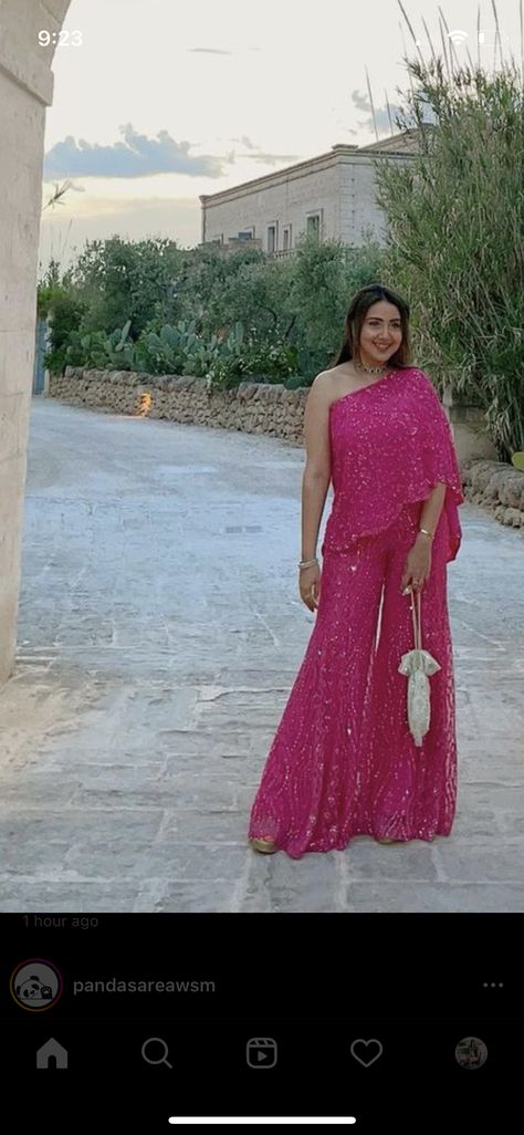 Wedding Outfit Bridesmaid Indian, One Shoulder Wedding Dress Indian, Sangeet Looks For Bridesmaid, One Shoulder Indo Western Dresses, Indo Western For Sangeet For Women, One Shoulder Ethnic Dress, Goa Wedding Outfits, Graduation Guest Outfits For Women, Off Shoulder Suits Indian