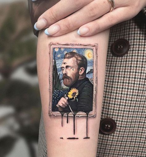 45 Amazing VINCENT VAN GOGH TATTOOS | Cuded Van Gogh Tattoos, Van Gogh Tattoo, Night Tattoo, Framed Tattoo, Kunst Tattoos, Omerta Tattoo, Famous Tattoos, Tatuaje A Color, Painting Tattoo