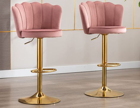 AmazonSmile: Kmax Velvet Bar Stools Swivel Height Adjustable Counter Stools with Golden Base Nailhead Footrest Petal Back for Kitchen Island, Set of 2- Dark Pink : Home & Kitchen Baby Pink Bar Stool, Blush Pink Bar Stools, Pink Barstools In Kitchen, Pink Barstools, Chairs For Kitchen Island, Woven Bar Stools, Pink Bar Stools, Girl Apartment, Apartment Vibes