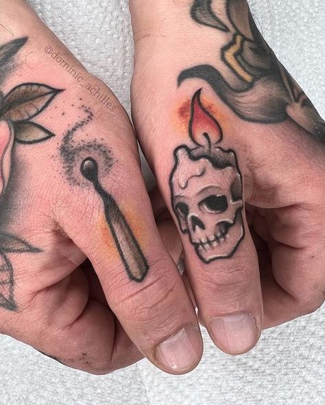 DOMINIC ACHILLES • NEOTRAD on Instagram: "Danke Tim! 🔥💀🕯 #matchsticktattoo #skulltattoo #streichholztattoo #thumbtattoo" Tattoo Designs Symbols, Wedding Rings For Couples, Coffin Tattoo, Traditional Hand Tattoo, 2023 Tattoo, Thumb Tattoos, Old School Tattoos, Rings For Couples, Cool Tattoo Drawings