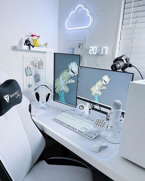 white gaming setup with jujutsu kaisen background White Gaming Setup, White Desk Setup, Cuarto Aesthetic, Desk Setup Ideas, Small Game Rooms, Gamer Desk, Dream Desk, Home Studio Setup, Streaming Setup