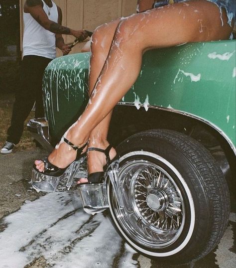 Women And Cars Wallpaper, Ms Parker Friday Photoshoot, Vintage Car Wash Photoshoot, Car Wash Photoshoot Black Women, Water Hose Photoshoot, Pin Up Aesthetic, Car Wash Photoshoot, Classic Car Photoshoot, Graduation Hair