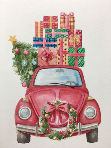 Car With Christmas Tree On Top Drawing, Christmas Car Drawing, Christmas Car Illustration, Christmas Beetle, Car Beetle, Ashley Thompson, Auto Illustration, Park In New York, Christmas Car