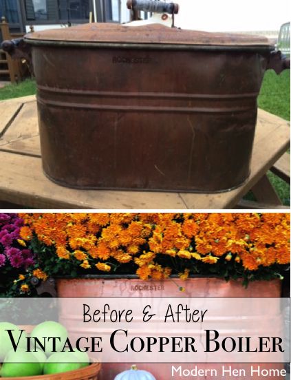 Rusty Vintage Copper Boiler Comes to Life -- See the before and after at ModernHenHome.com Flowers In Copper Boiler, Copper Boiler Christmas Decor, Copper Kettle Decor Ideas, Washtub Decor Ideas, Copper Diy Projects, Rustic Antique Decor, Clean Copper, Copper Cleaner, Water Tub