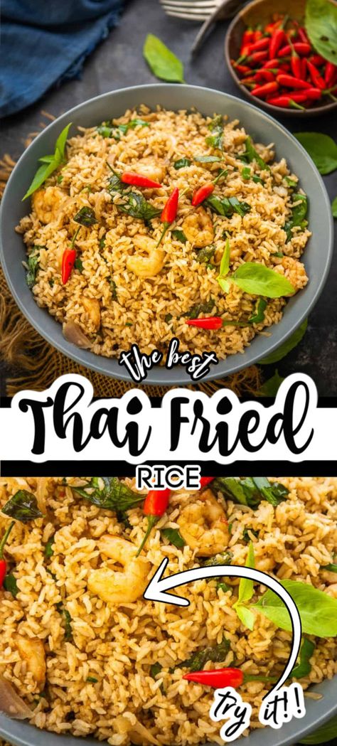 Thai Rice Recipes, Continental Dishes, Khao Pad, Basil Fried Rice, Fried Rice Dishes, Thai Fried Rice, Pork Fried Rice, Thai Recipe, Spicy Rice