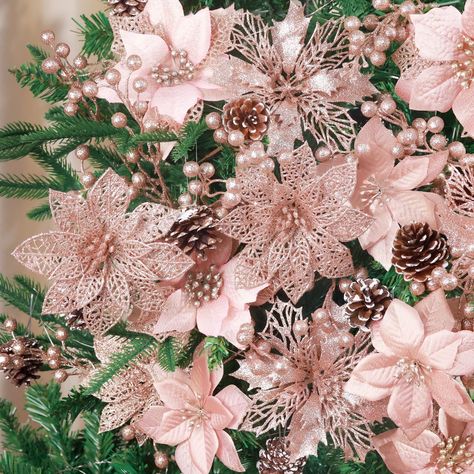 Amazon.com: 56 Pcs Christmas Decorations, 4 Styles Poinsettias Artificial Christmas Flowers Glitter Berries Stems Ornaments Tree with Pine Cones & Stems for Xmas Wedding DIY Wreath Floral Party (Rose gold) : Home & Kitchen Pink Christmas Tree Decorations, Pine Cone Flower Wreath, Luxury Christmas Decor, Elegant Christmas Tree Decorations, Rose Gold Christmas Decorations, Christmas Flower Decorations, Xmas Wedding, Glam Christmas Decor, Flowers Glitter