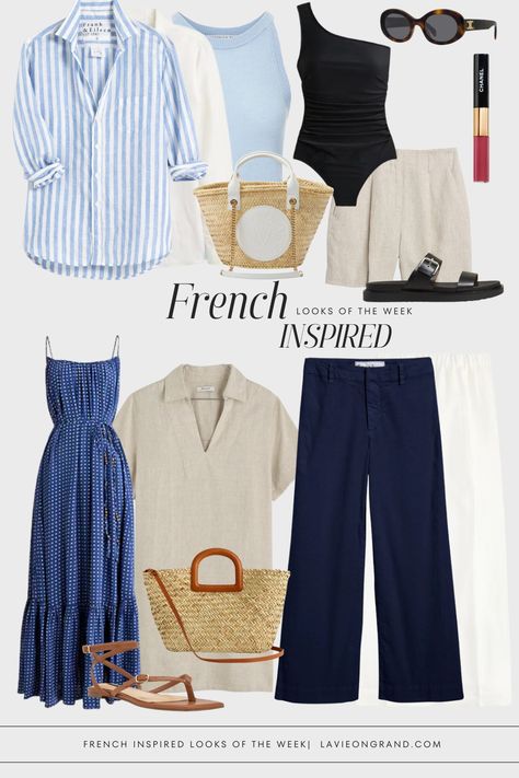 French inspired looks for the week Cute Weekend Outfits Summer, Arizona Attire, Summer Essentials Clothes, Capsule Packing, French Wardrobe Basics, Parisian Chic Outfits, Midwest Summer, French Inspired Fashion, Parisian Outfits