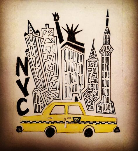 Inktober word 7 NewYork #inktober #art #paint #drawings #NYC #cab #New York Word Murals Wall Art, New York City Artwork, New York Painting Aesthetic, New York Aesthetic Decor, New York Sketch Easy, New York Aesthetic Drawing, Nyc Drawing Simple, New York Artwork, New York Dibujo