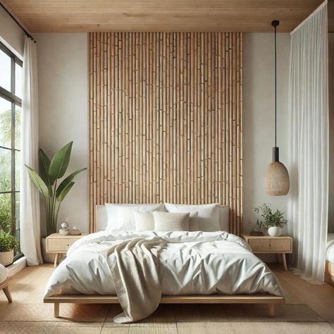 Bali-inspired bedroom design featuring a serene bamboo feature wall. Transform your space into a tranquil retreat… #UKBamboo #Bamboo #BambooInteriorDesign #Inspiration #BedroomDesign Bamboo Wall Bedroom, Bamboo Slats Wall, Bamboo Room Decor, Bali Interiors Design, Brazilian Bedroom Aesthetic, Bamboo Wall Panel, Bamboo Bedroom Decor, Bamboo Accent Wall, Bali Inspired Bedroom