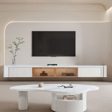 Minimal Tv Wall Design, Elegant Tv Wall Design, Modern Media Wall, Fluted Tv Stand, Curved Tv Wall, Tv Stand Inspiration, Wall Mounted Tv Decor, Tv Stand Luxury, Tv Console Design