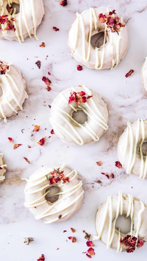 Vanilla Bean & Rose Baked Doughnuts closeup. Doughnut Batter Recipe, Berry Buttercream, Rose Baking, Vanilla Donut, Blackberry Buttercream, Poppyseed Cake, Homemade Doughnuts, Lemon Poppyseed Cake, Baked Doughnuts