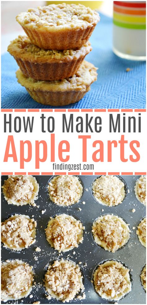 These mini apple tarts are ridiculously delicious and easy! They feature a sugar cookie bottom, apple pie filling and oatmeal crumb topping - a winning combination! This apple tart recipe is a great way to use the mini Wilton tart pan. Mini Apple Pie With Crumb Topping, Apple Tartlets Mini, Small Apple Pie Tarts, Apple Crisp Tarts, Apple Crumb Tart, Easy Apple Tarts Simple, Small Apple Tarts, Mini Apple Pies With Crumb Topping, Apple Tarts Mini