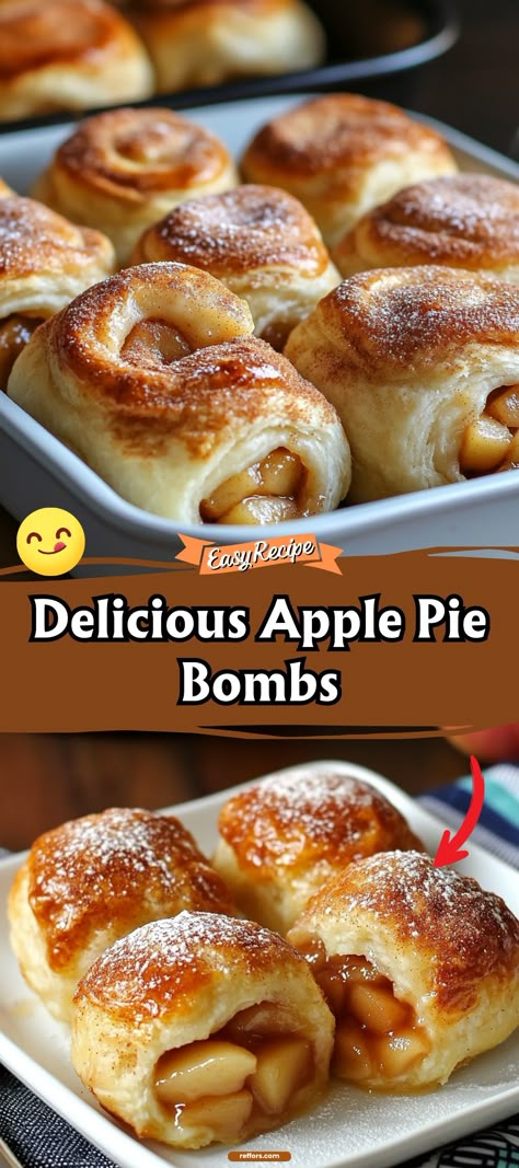 Experience the explosion of flavors with our Apple Pie Bombs. These delightful pastry pockets are filled with cinnamon-spiced apples and served hot for a mini apple pie experience that's absolutely irresistible. #ApplePieBombs #MiniDesserts #FallFlavors Mini Cinnamon Apple Pies, Mini Apple Pastries, Mini Apple Pies In Muffin Tin Pillsbury, Mini Boston Cream Pie Bites, Pies For Bake Sale, Deserts Using Apple Pie Filling, Mini Apple Pie Recipe Easy, Apple Mini Desserts, Apple Pie Bombshell