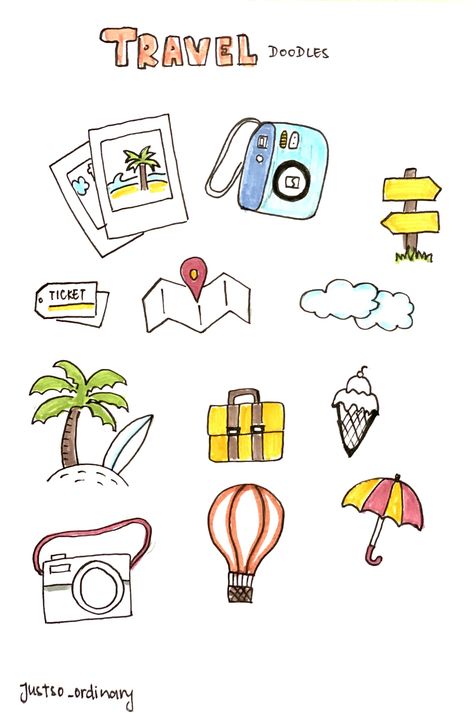 Travel Drawings Easy, Travel Doodles Simple, Travel Drawing Simple, Road Trip Doodles, Travel Doodle Art, Italy Doodles, Vacation Doodles, Traveling Drawing, Doodles Travel